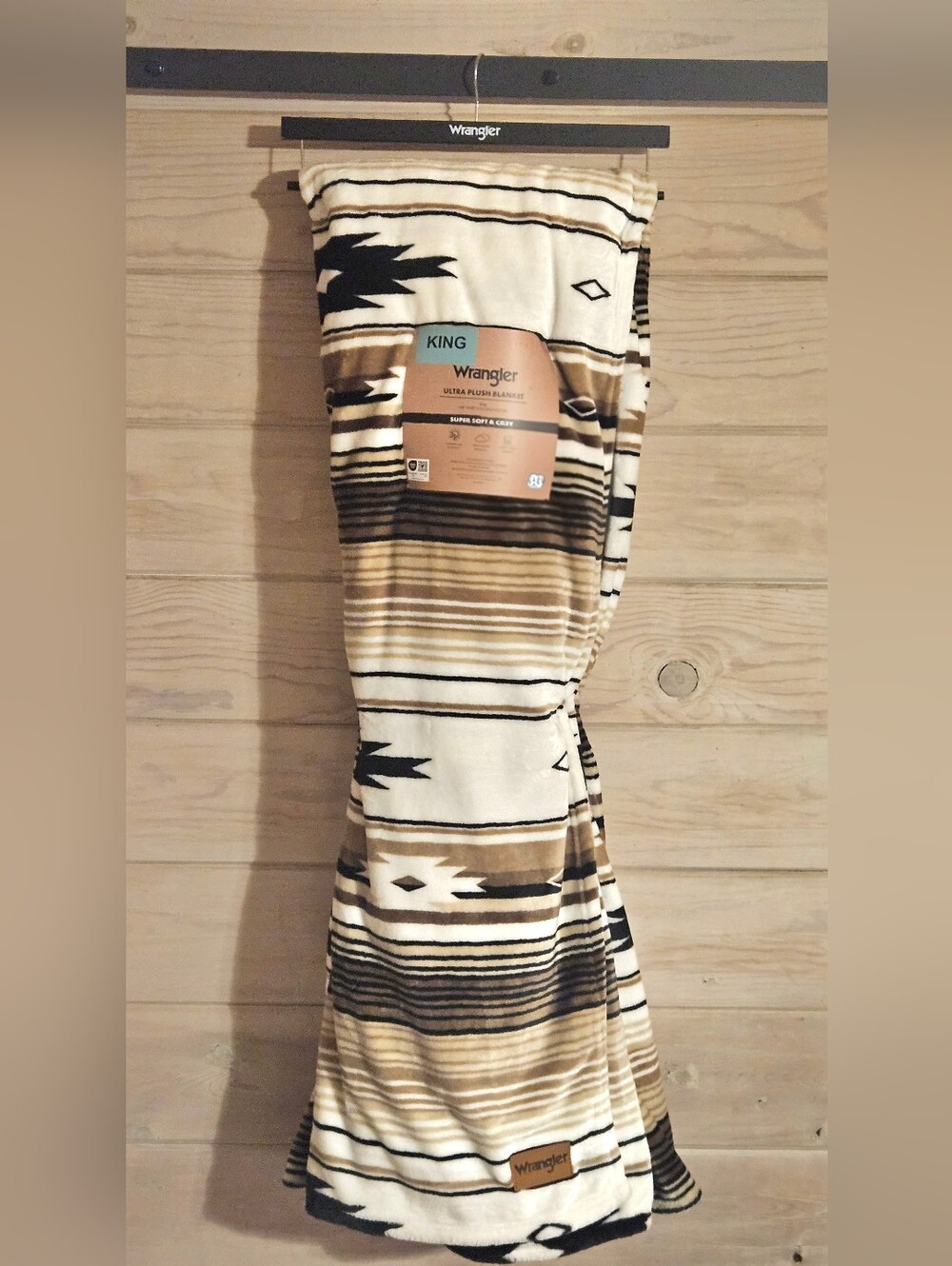 Wrangler Plush Aztec Stripe Blanket — Cream, Brown & Black - NWT